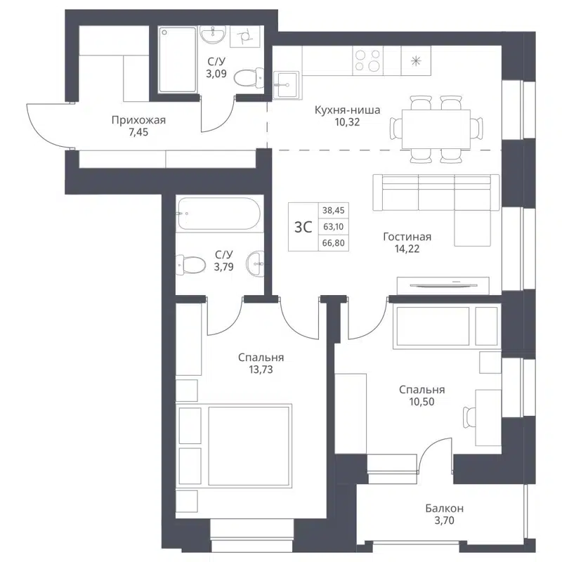 3-комнатная квартира 66.8 м² Актив