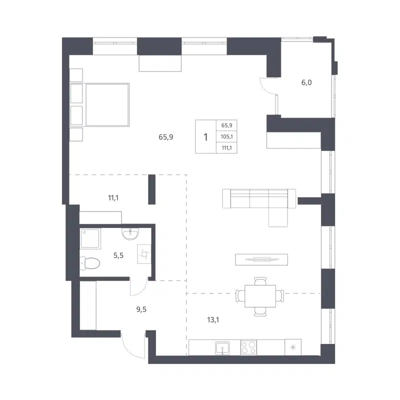 Студия 105.1 м² Новаторы
