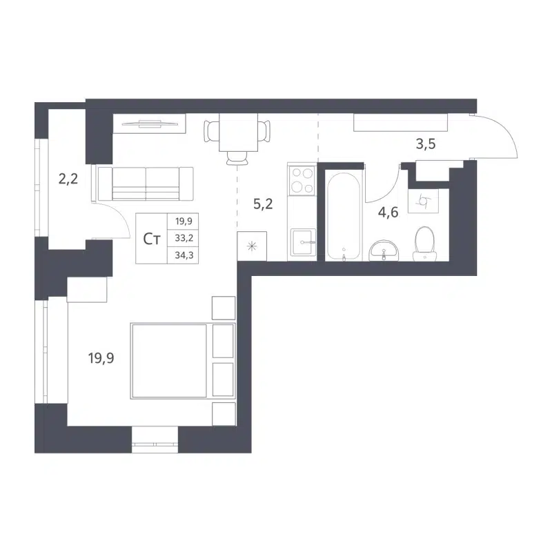 Студия 33.2 м² Новаторы