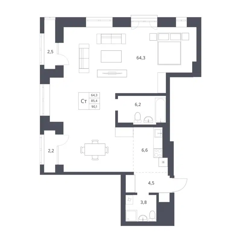 Студия 85.4 м² Новаторы