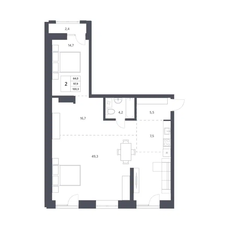 2-комнатная квартира 97.9 м² Новаторы