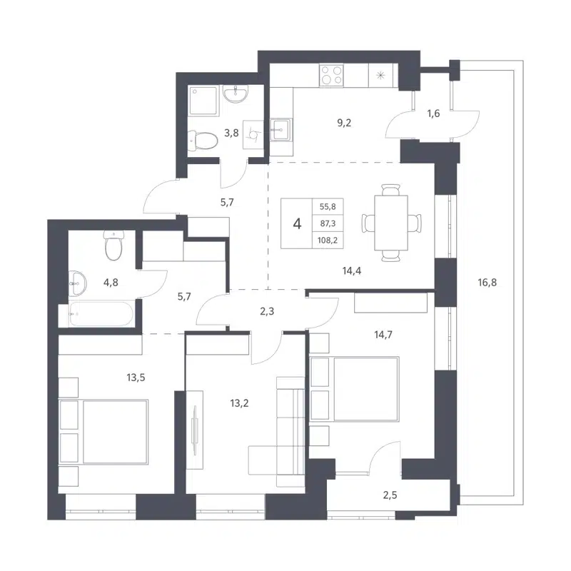 4-комнатная квартира 87.3 м² Новаторы