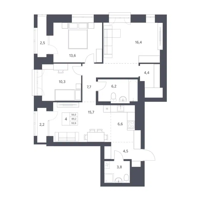 4-комнатная квартира 89.2 м² Новаторы