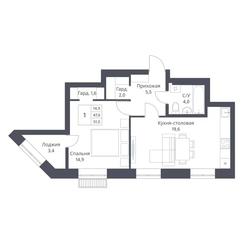 1-комнатная квартира 51 м² Основатели