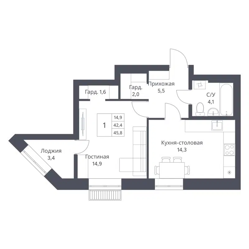 1-комнатная квартира 45.8 м² Основатели
