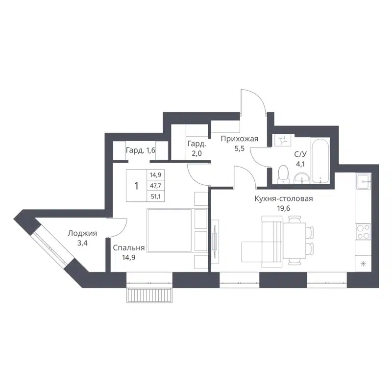 1-комнатная квартира 51.1 м² Основатели