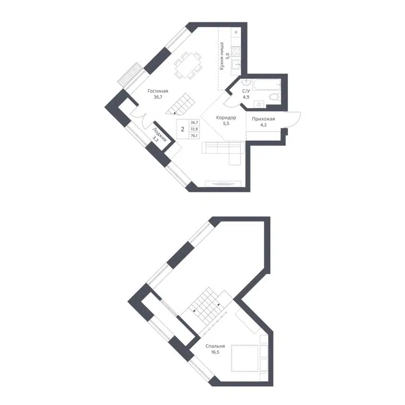 2-комнатная квартира 76.1 м² Основатели