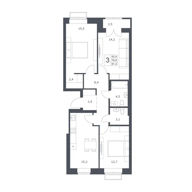 3-комнатная квартира 78.9 м² Основатели