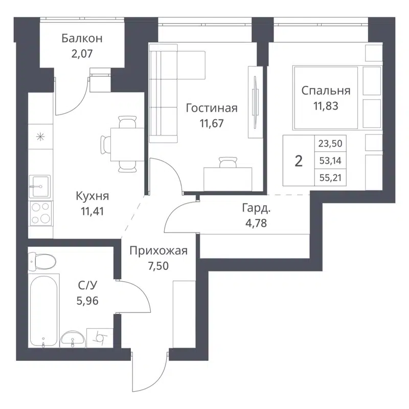 2-комнатная квартира 53.14 м² Фора