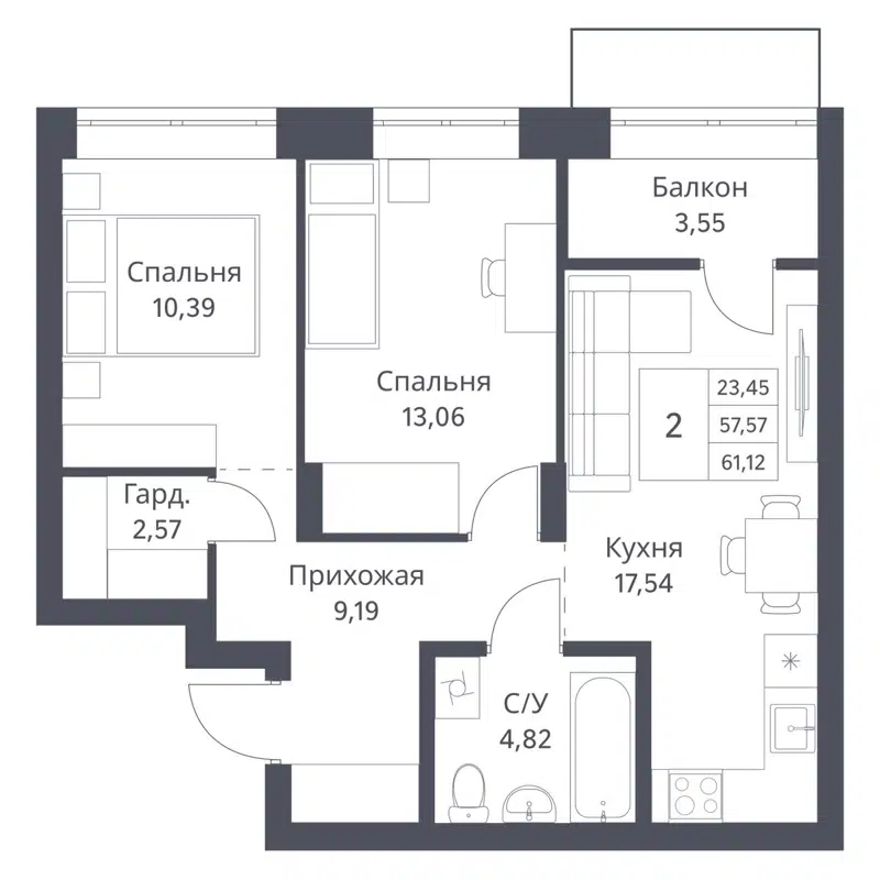 2-комнатная квартира 57.57 м² Фора