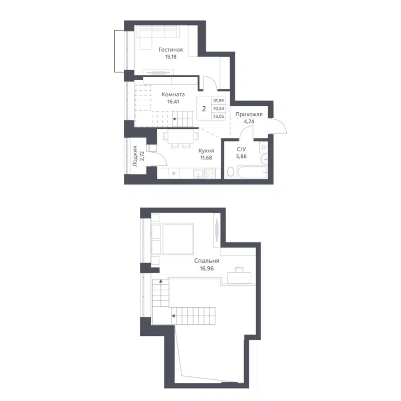 2-комнатная квартира 70.33 м² Фора