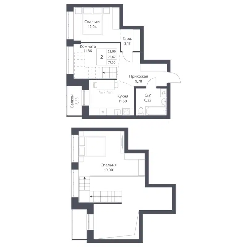 2-комнатная квартира 73.67 м² Фора