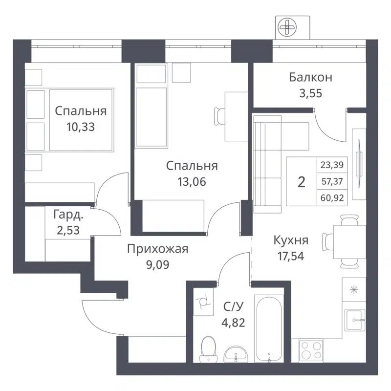 2-комнатная квартира 57.37 м² Фора