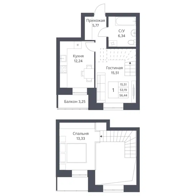 2-комнатная квартира 53.19 м² Фора