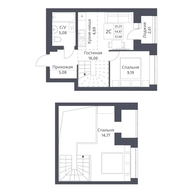 2-комнатная квартира 54.87 м² Фора