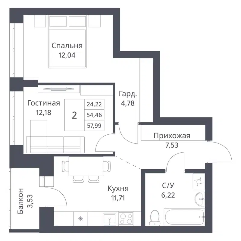 2-комнатная квартира 54.46 м² Фора