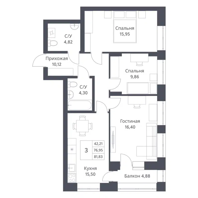 3-комнатная квартира 76.95 м² Фора