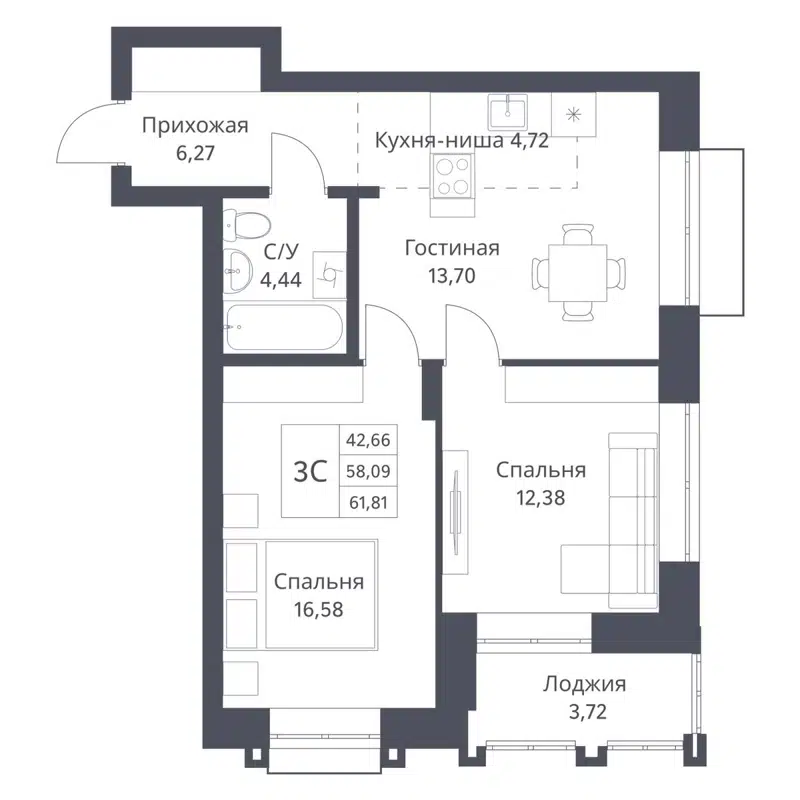 3-комнатная квартира 58.09 м² Фора