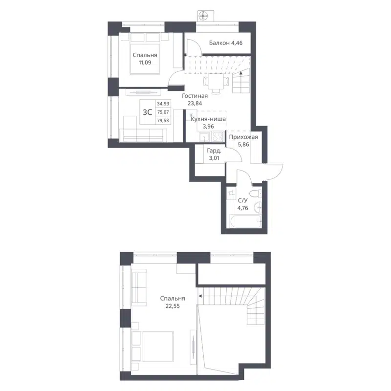 3-комнатная квартира 75.07 м² Фора