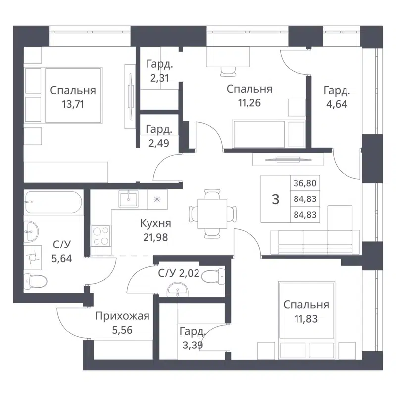 3-комнатная квартира 84.83 м² Фора