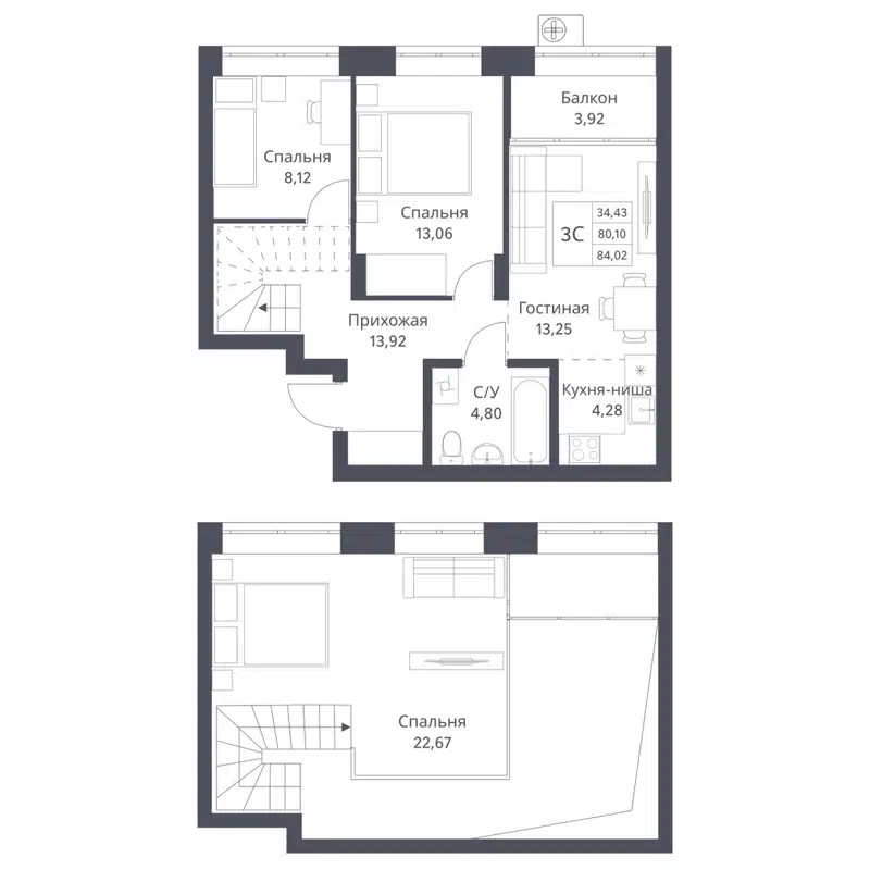 3-комнатная квартира 80.1 м² Фора