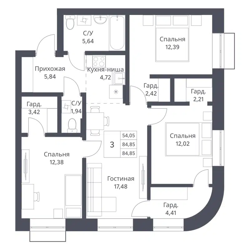 4-комнатная квартира 84.87 м² Фора