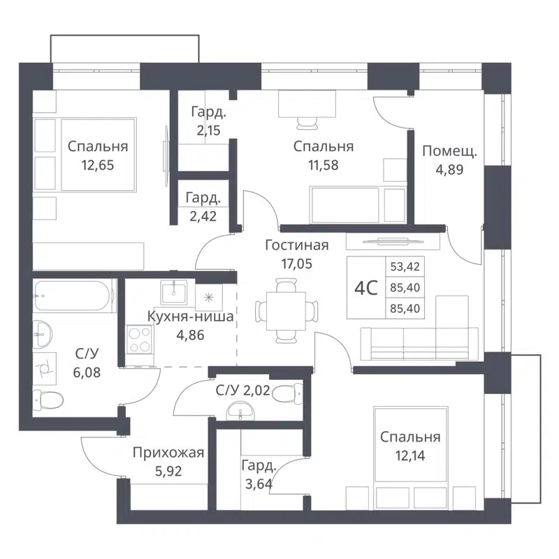 4-комнатная квартира 85.4 м² Фора