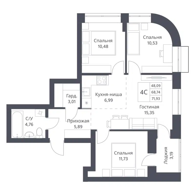 4-комнатная квартира 68.74 м² Фора