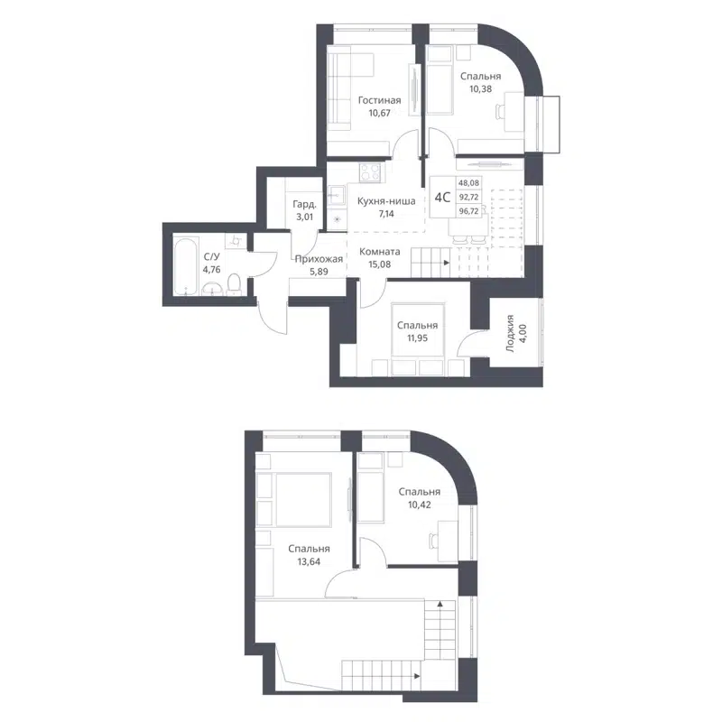 4-комнатная квартира 92.72 м² Фора