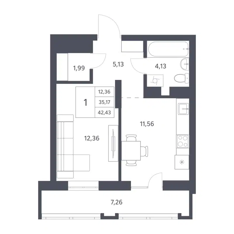 1-комнатная квартира 35.17 м² Характер