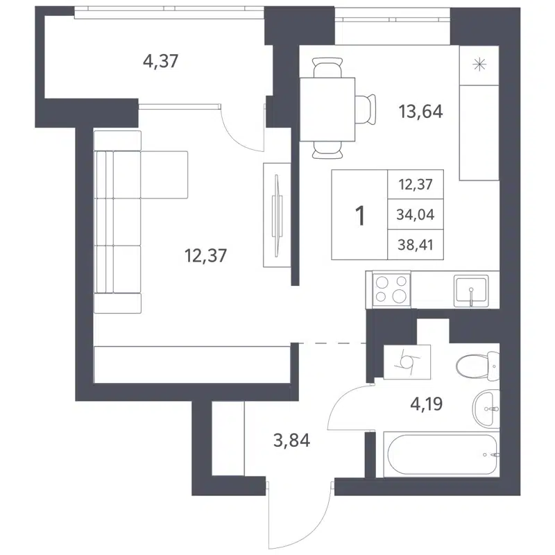 1-комнатная квартира 34.04 м² Характер