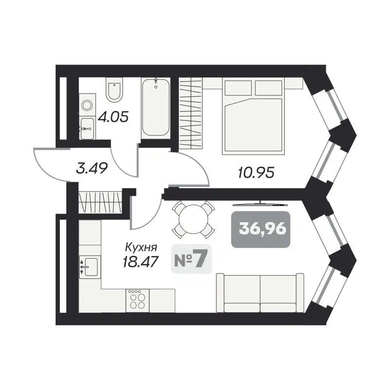 1-комнатные апартаменты 36.96 м² Аэрон
