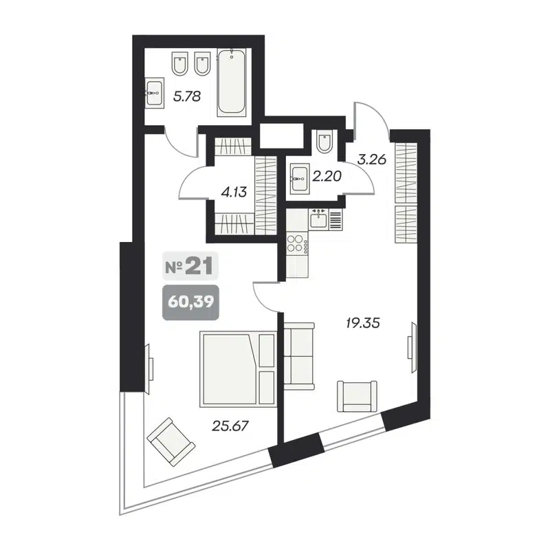 2-комнатные апартаменты 60.39 м² Аэрон
