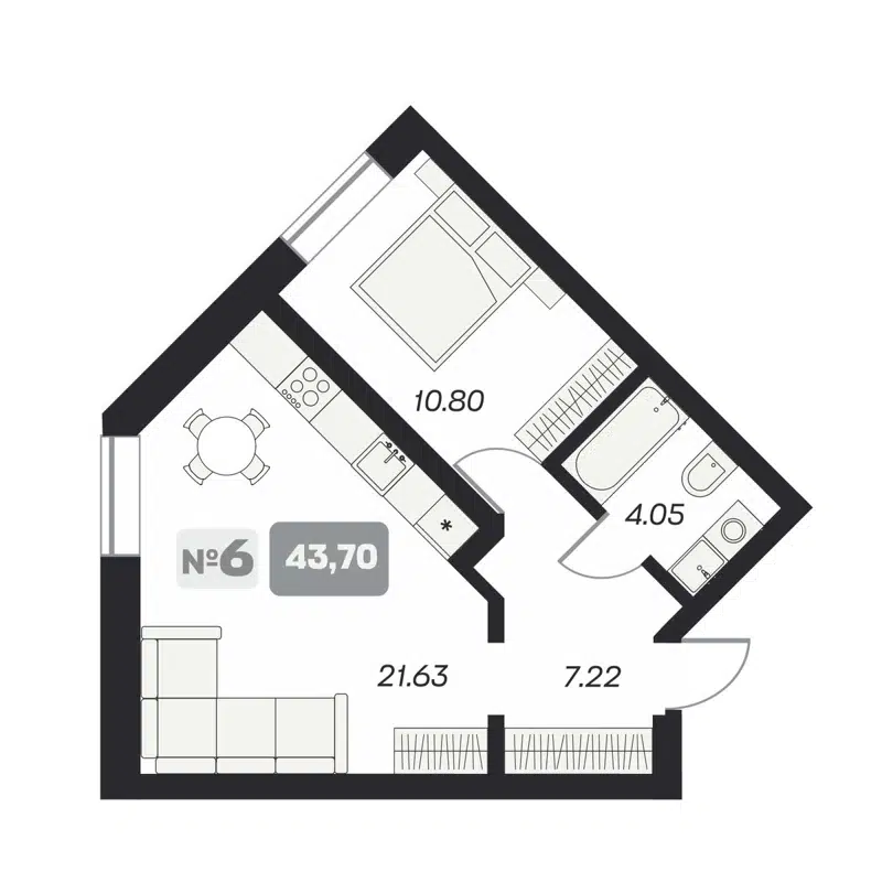 2-комнатные апартаменты 43.7 м² Аэрон