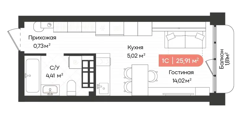 Студия 25.91 м² Balance