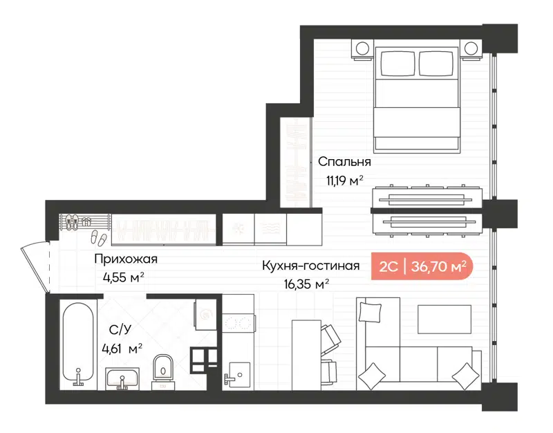 1-комнатная квартира 36.94 м² Balance