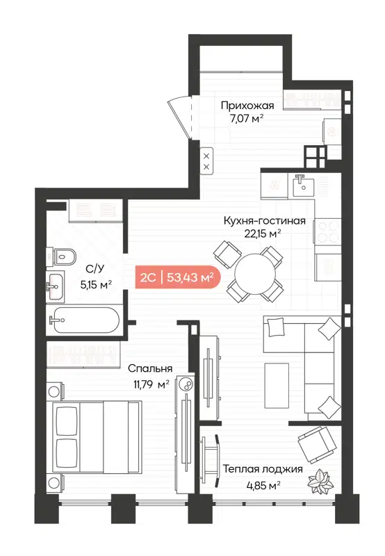 2-комнатная квартира 51.27 м² Balance