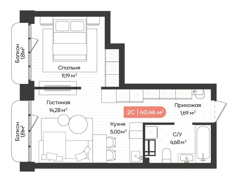 2-комнатная квартира 40.46 м² Balance