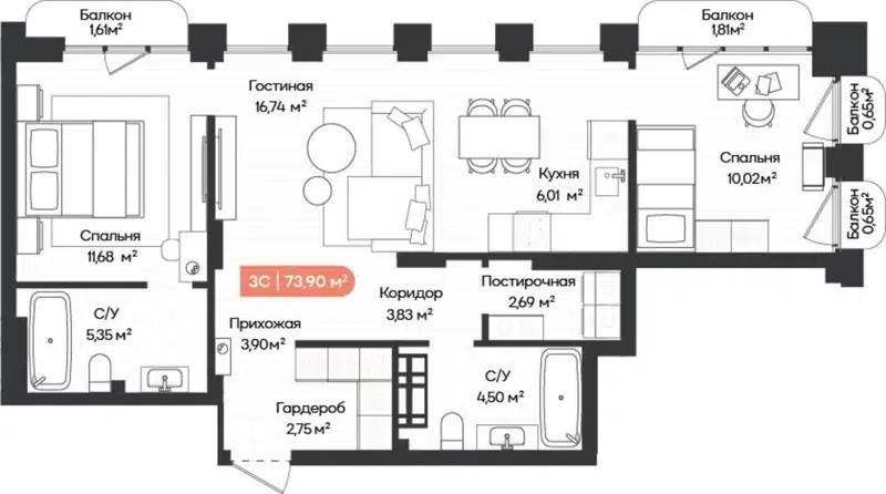 3-комнатная квартира 72.19 м² Balance