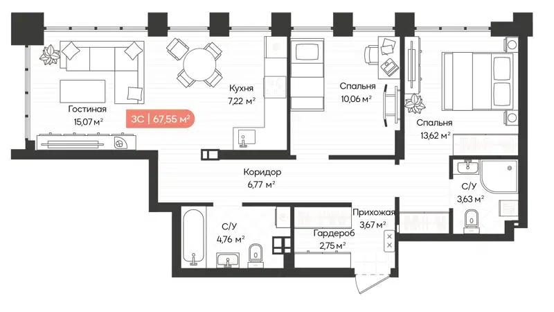3-комнатная квартира 67.78 м² Balance