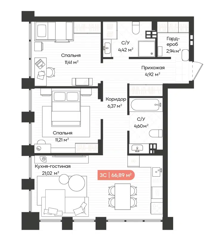 3-комнатная квартира 67.16 м² Balance