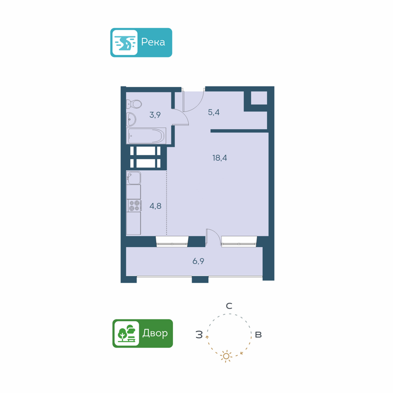 1-комнатная квартира 32.7 м² Аквамарин