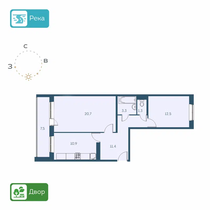 2-комнатная квартира 59.9 м² Аквамарин
