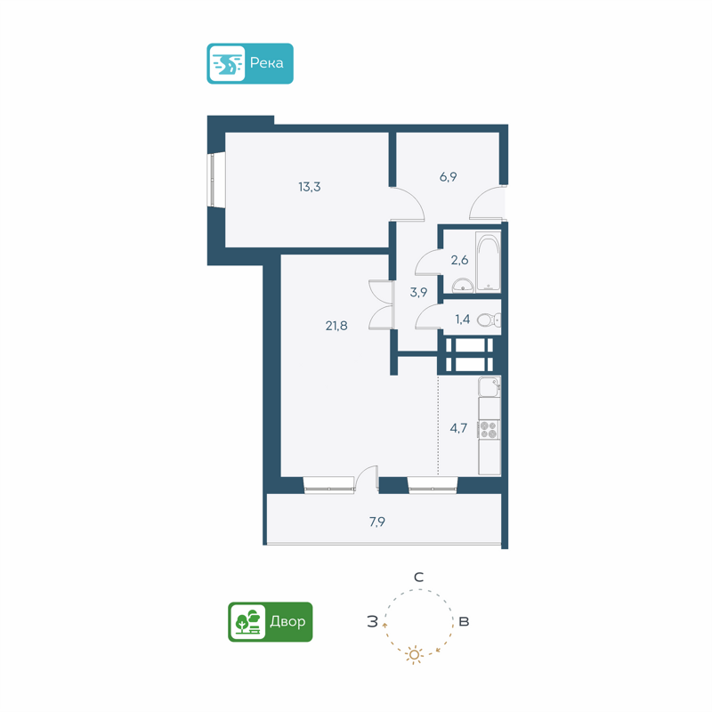 2-комнатная квартира 54 м² Аквамарин