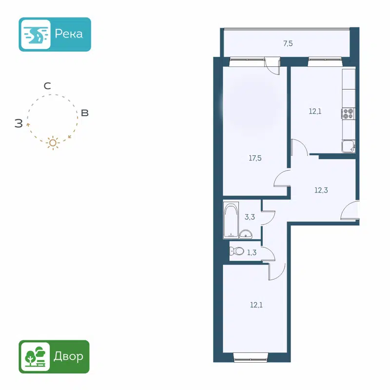 2-комнатная квартира 58.5 м² Аквамарин