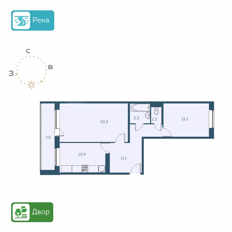 2-комнатная квартира 59.1 м² Аквамарин