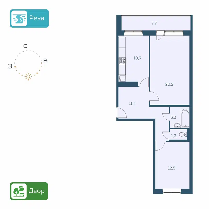 2-комнатная квартира 59.5 м² Аквамарин