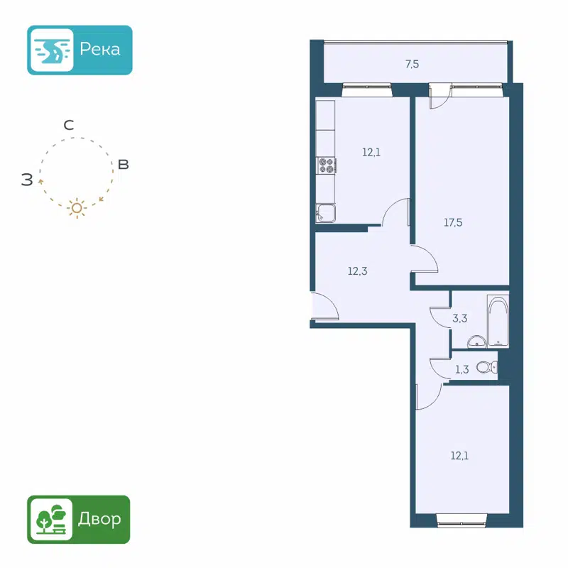 2-комнатная квартира 58.2 м² Аквамарин