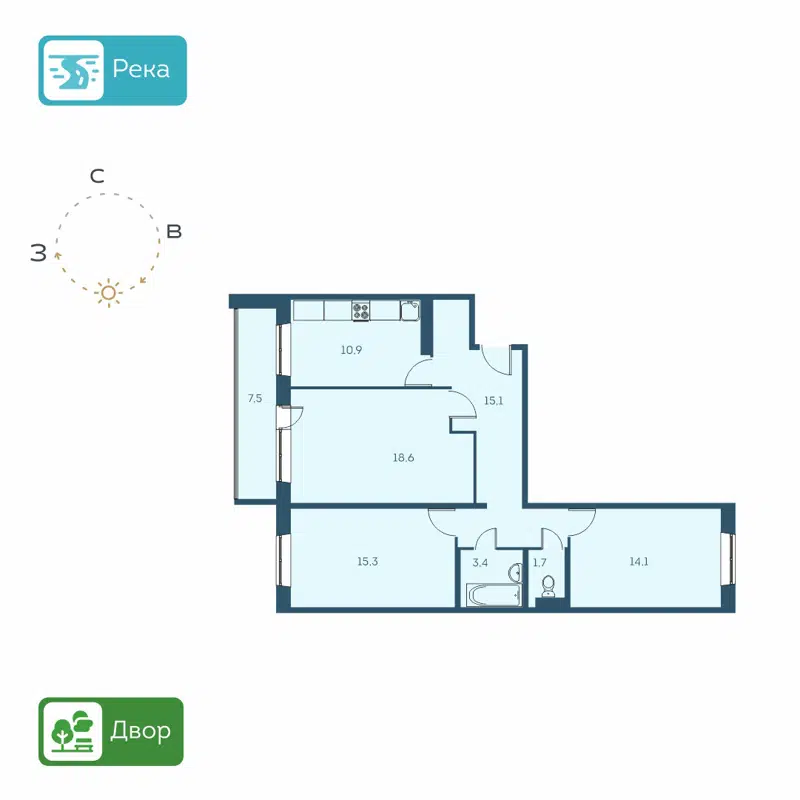 3-комнатная квартира 78.9 м² Аквамарин