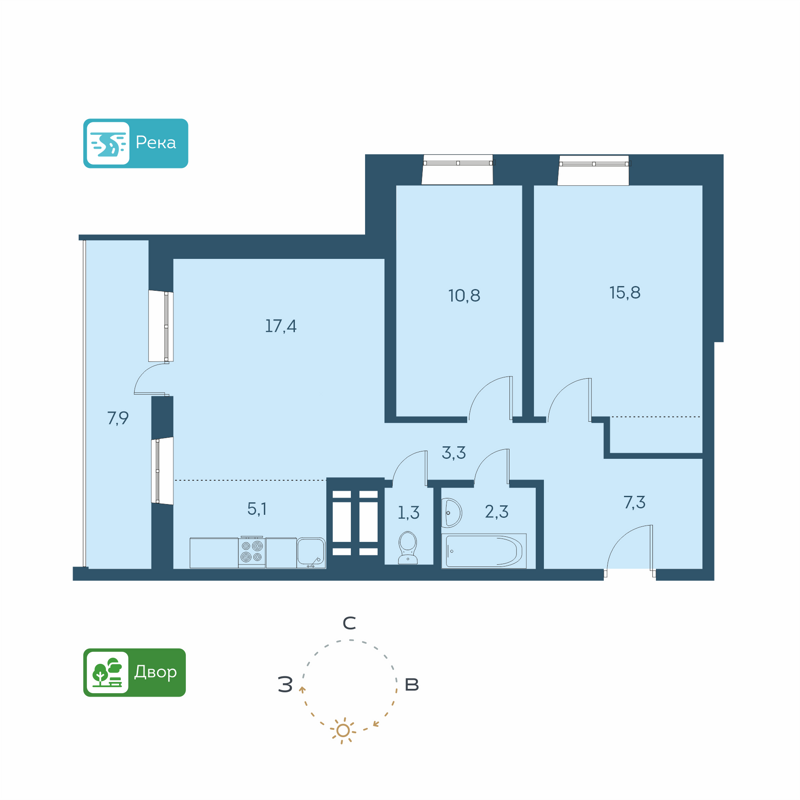3-комнатная квартира 63.4 м² Аквамарин